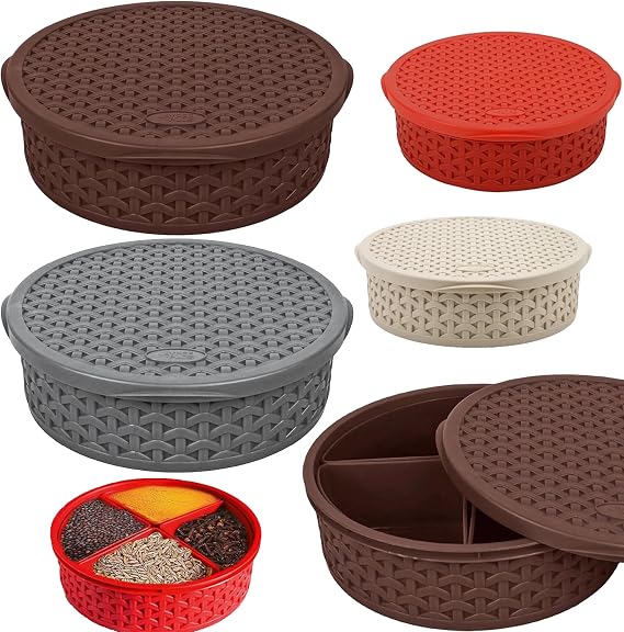 Plastic Masala Dabba, Indian Spice Box with 4 Compartments - Multipurpose Masala Dabba, Spice Box Set Organizer for Kitchen, Round Masala Dabba
