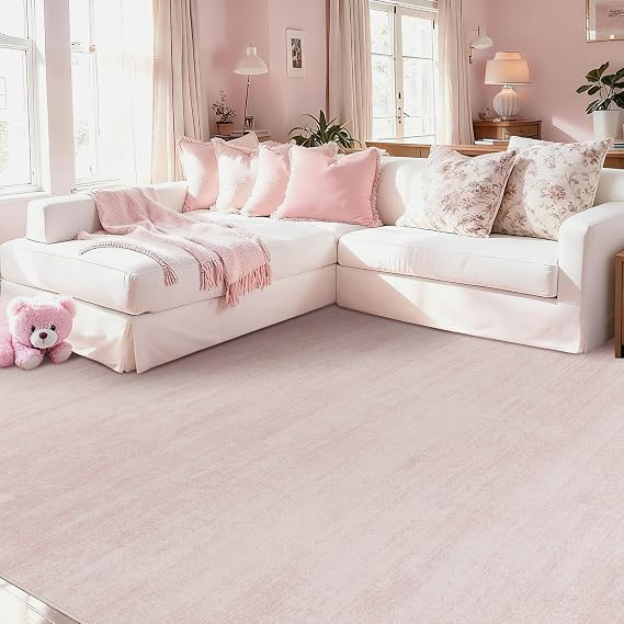 Light Pink Area Rug 8x10 Boho Washable Low Pile Soft Baby Rugs for Nursery | Blush Abstract Soft Carpet, for Bedroom Dining Room Table, Aesthetic Modern Abstract Style, with Foldable Rubber Backing