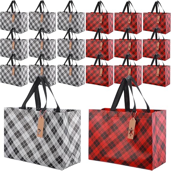 24 Pcs Large Christmas Gift Bags with 25 Gift Tags 12.6 x 9.8 x 5.5 Inch Reusable Tote Bags with Handles Buffalo Plaid Non Woven Christmas Bags for