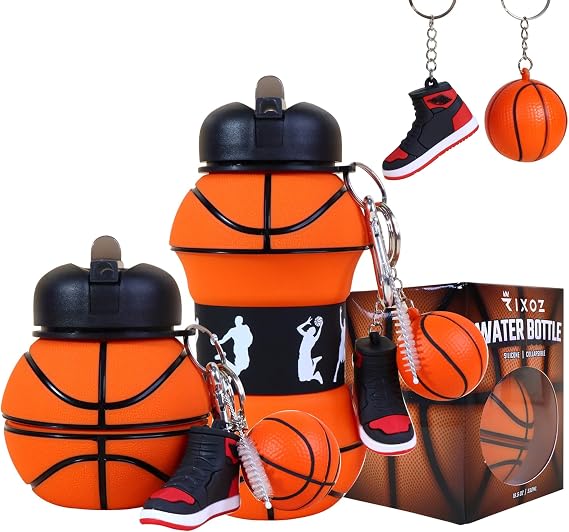 Basketball Collapsible Water Bottle - 550ml Silicone Bottle With Basketball &amp; Sneaker Keyring