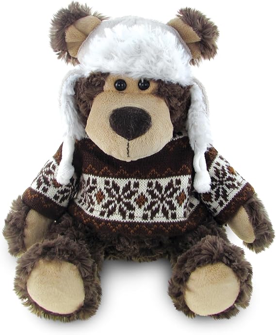 DolliBu Stuffed Animal Brown Grizzly Bear Plush Toy Gift - 9 Inches | soft huggable, adorable playtime wildlife plush wearing hat and sweater, cute cuddle gifts, plush for kids and adults