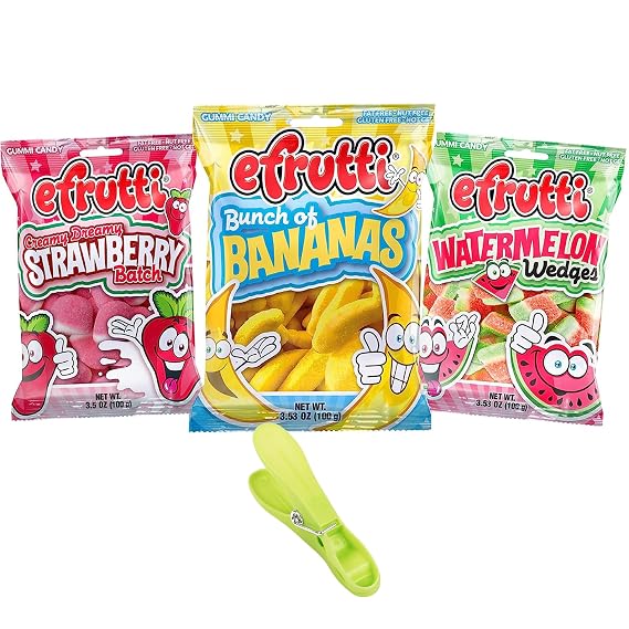 efrutti 3.5oz Gummy Candy with Sugar 3 Variety Fruity Flavors Assorted Jelly Fruit Slices, Strawberry, Banana and Watermelon w/Free Bag Clip! (3)