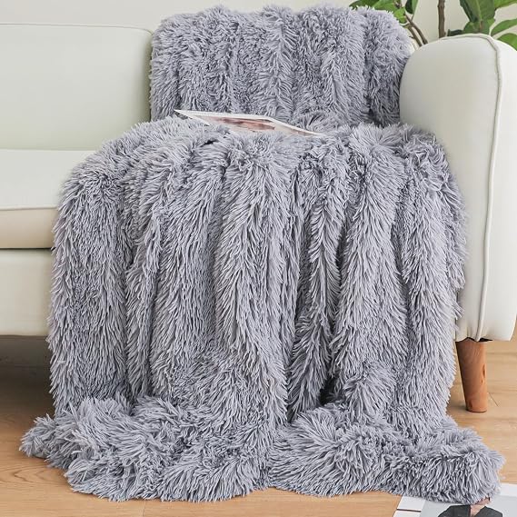 Gray Faux Fur Throw Blanket, Gray 50" x 60" Fluffy Blanket Throw, Shaggy Plush Decorative Couch Blanket, Cute Furry Throw Holidy Fuzzy Lap Blanket for Kids Women Men Teen Girls