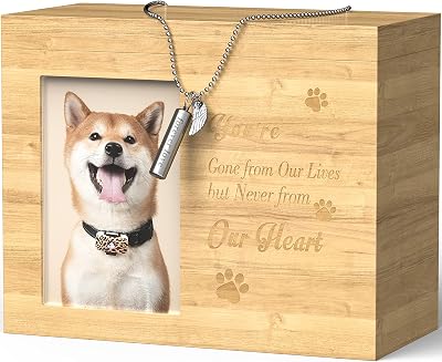 SCHITEC Pet Urns for Dogs Cats Ashes, Memorial Gift Cremation Keepsake for Loss of Dog, Large Bamboo Memory Box with Personalized Photo Frame & Urn Necklace