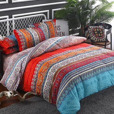 Goodidea Striped Bohemian Comforter Set Queen Size 3 Pieces Boho Hippie Geometric Bedding Set Soft Breathable Reversible Microfiber Boho Comforter with 2 Pillowcases20x26