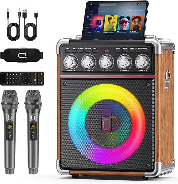 Karaoke Machine for Adults with 2 Wireless Microphones, Portable Bluetooth 5.3 Speaker with Bass/Treble/Echo Adjustment, PA System with Remote Control, Supports TWS/TV/TF Card/USB/AUX (Wood)