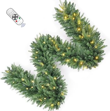 9FT Pre-Lit Artificial Christmas Garland with Dual Color LED Lights and Timer by Remote Control and Batteries Operated, Holiday Decorations, for Indoor Door Home Stairs Fireplaces Wall