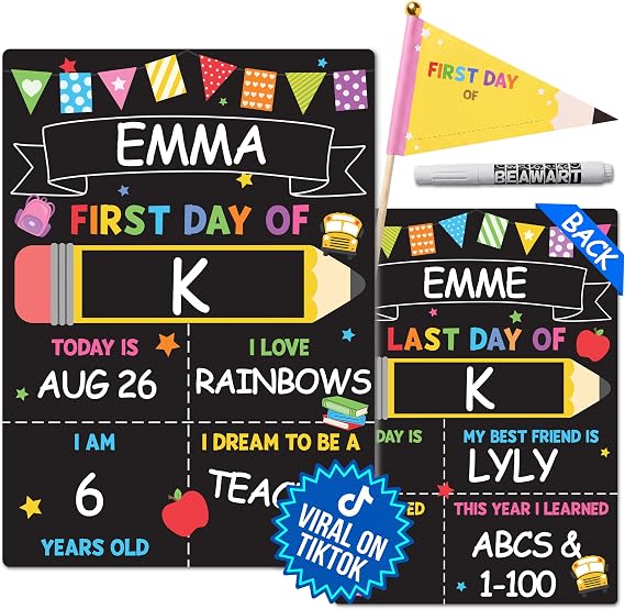 BEAWART First & Last Day of School Sign 10"x14" Double-Sided Dry Erase (First & Last Day of School Sign (Marker + Pencil Flag Included))