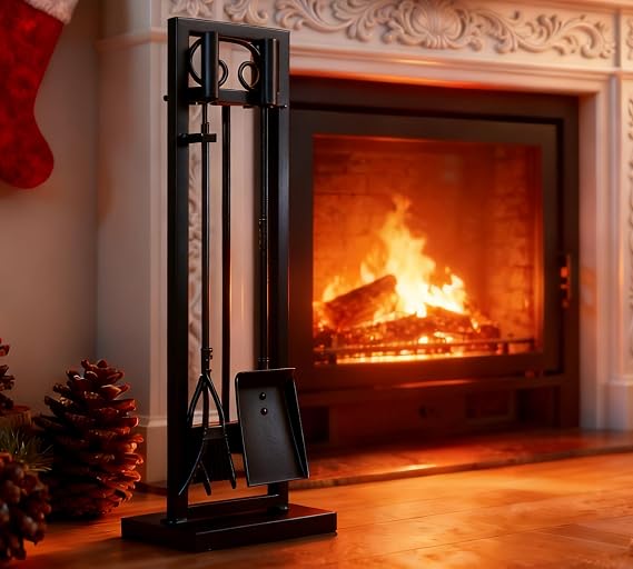 Kingson 5-Piece Fireplace Tool Set, 30.5" Black Scroll, Heavy Duty
