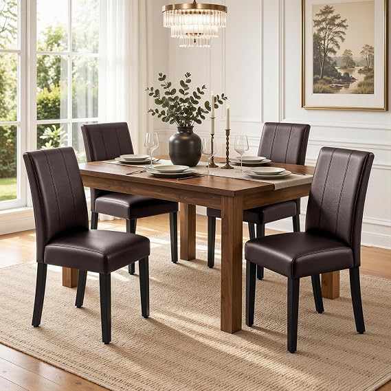 CHUN YI Dining Chairs Set of 4, Faux Leather Dining Room Chairs, Upholstered Modern Parsons Chairs for Dining Room Kitchen Side Chair with Sturdy Wood Legs, Brown (Only Chair)