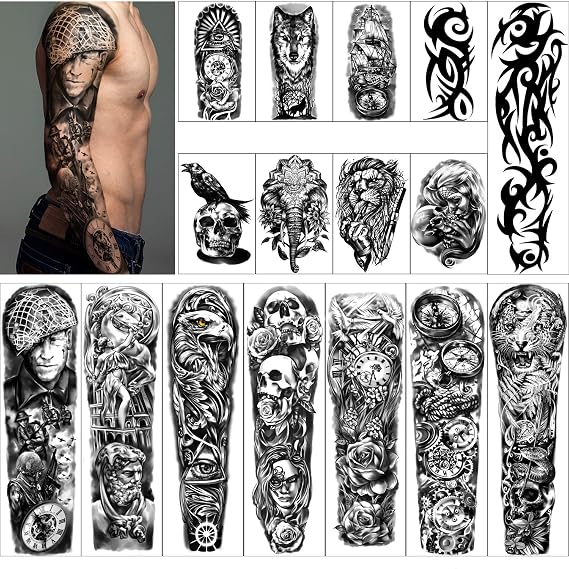 Full Arm Temporary Tattoos 8 Sheets and Half Arm Fake Waterproof Tattoos 8 Sheets, Extra Large Tattoo Stickers for Men and Women 22.83"X7.1"
