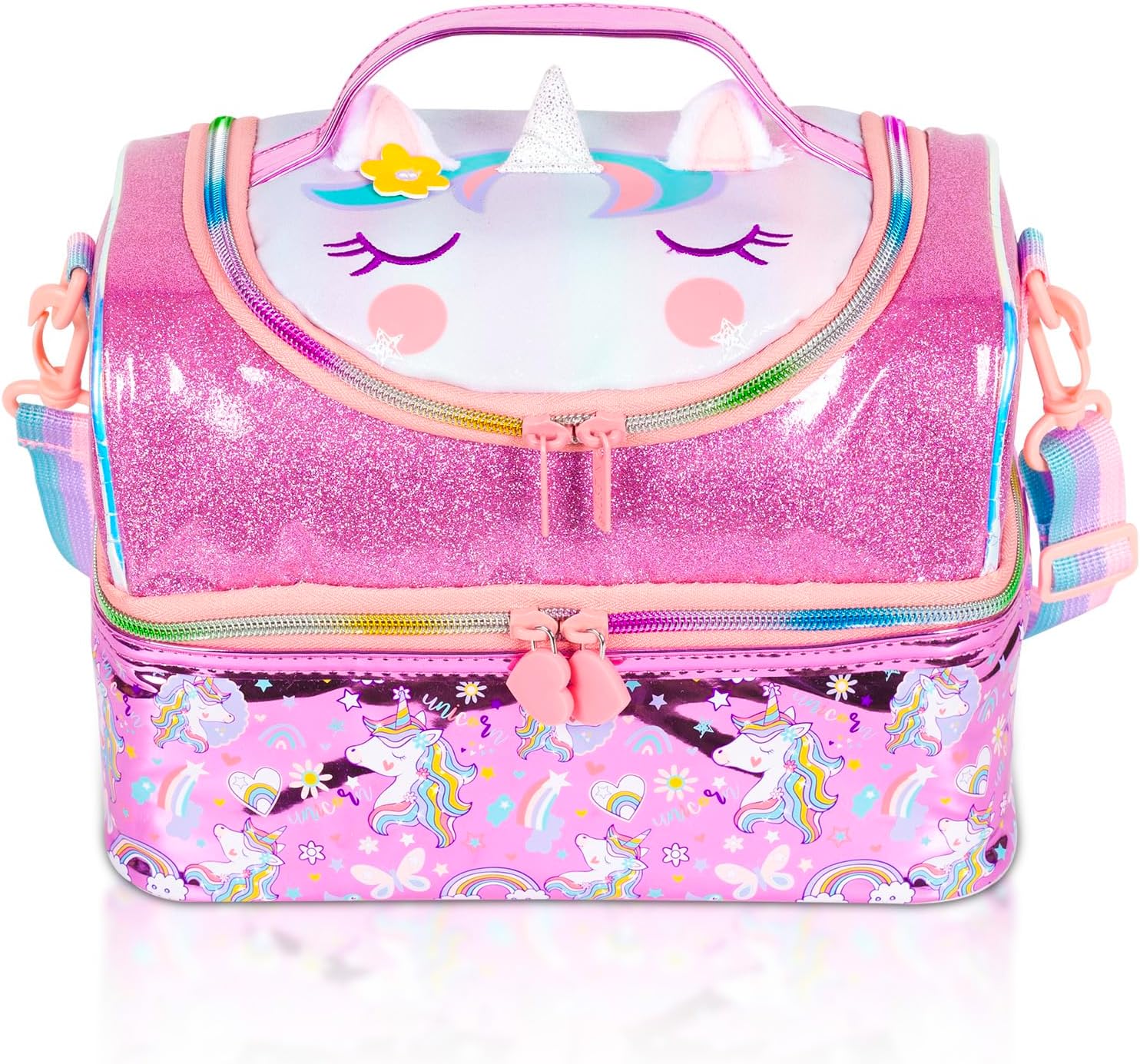 PinkSheep Kids Double Decker Cooler Insulated Lunch Bag Large Tote for Boys, Girls, Men, Women, with Adjustable Strap, Unicorn Unicorn4