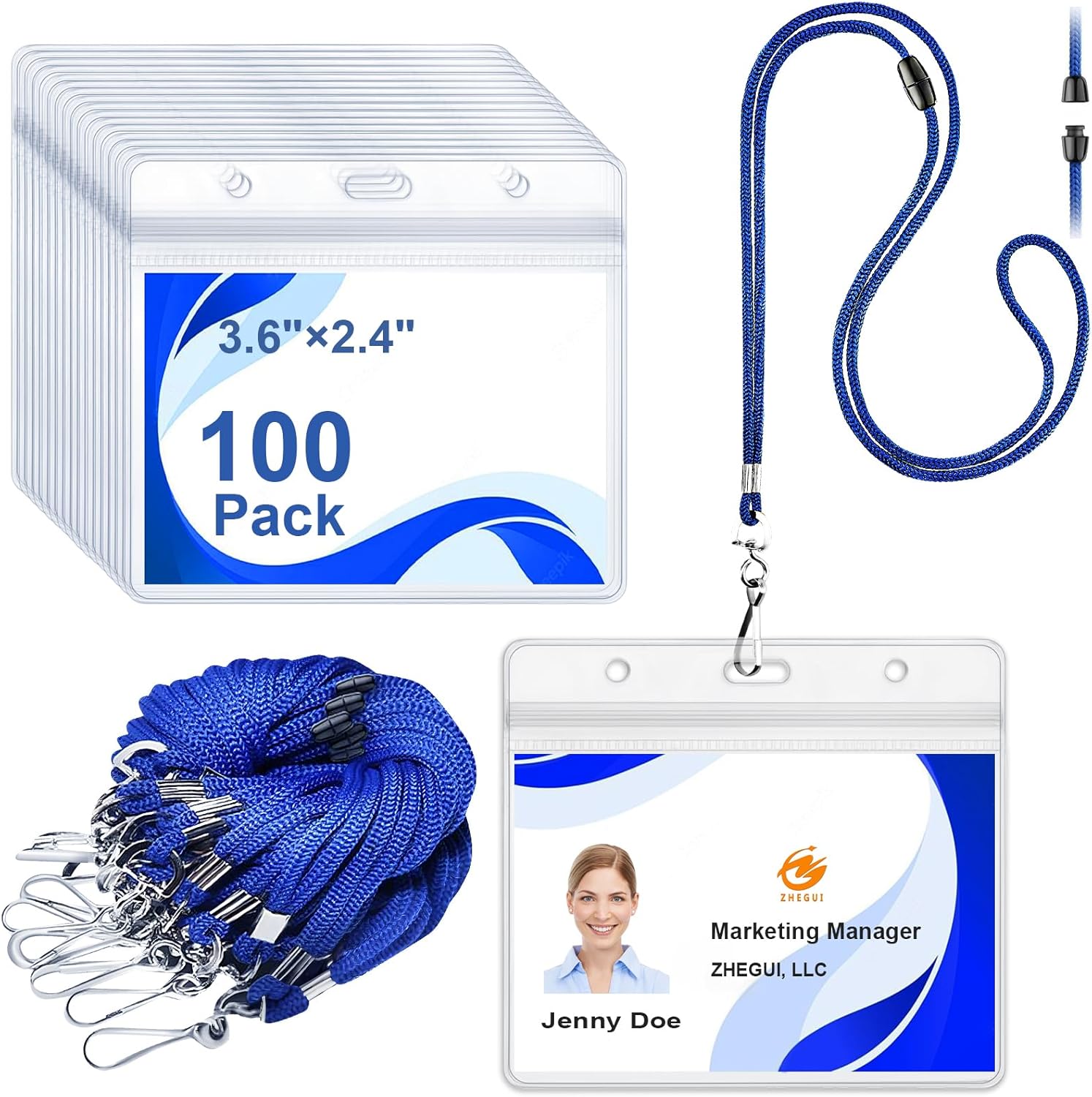 Breakaway Lanyards for ID Badges Horizontal ID Badge Holder Clear Plastic Waterproof ID Card Holders Safety Lanyard with ID Holder (100 Pack, Blue)