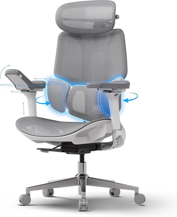 Hbada E3 Pro Silla de Oficina Ergonomica - Soporte Lumbar Dinámico de 3 Zonas, Reposacabezas 4D y Brazos 6D, Silla Ergonomica Escritorio Sin Pedales (Gris)