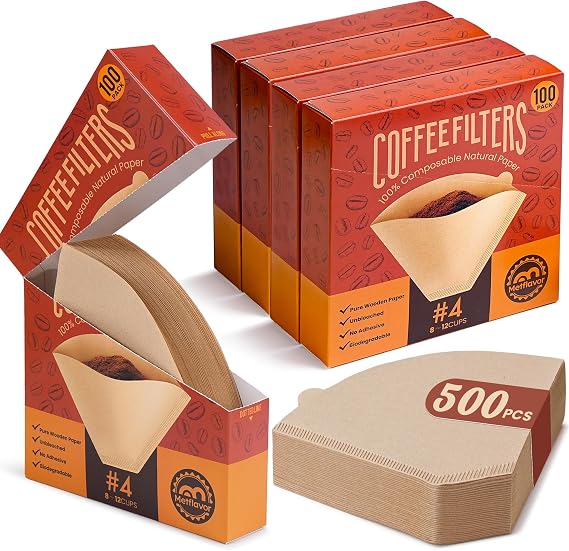 Metflavor Cone Coffee Filters #4, Disposable Unbleached Coffee Filter 100 Ct (Pack Of 5), 500 total filters 8-12 Cup, Compatible with Ninja Pour Over Coffee Dripper, Drip Coffee Makers, Tear-Resistant