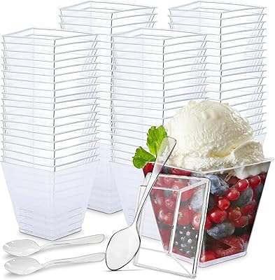 Oasis Creations 8 oz Square Dessert Cup - 50 Count - Lids & Spoons Included - Clear Plastic - Appetizer & Parfait Cup - Disposable or Reusable