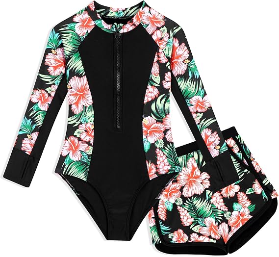 Girls Rash Guard Swimsuit 2 Piece Long Sleeve One Piece Bathing Suits with Swim Shorts Kids UPF 50+ Swimwear Sets 6-14 Years