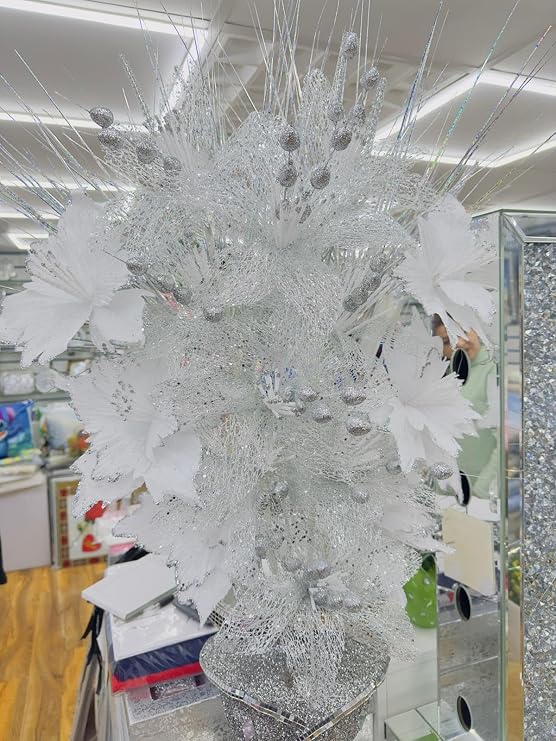 Decorative Silver and White Flower Vase Ornament, Crystallized Glitter Display, Crushed Diamond Design