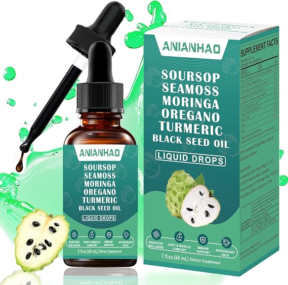 10-in-1 Soursop Bitters Liquid Drops, with Sea Moss, Moringa, Turmeric, Black Seed Oil, Oregano, Ashwagandha | Herbal Extracts for Overall Health-Enhancing | Vegan, Non-GMO | 60ml
