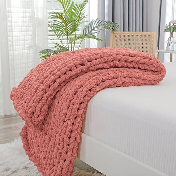 Bigacogo Chunky Knit Throw Blanket for Couch, 40x40 inches, Antique Red