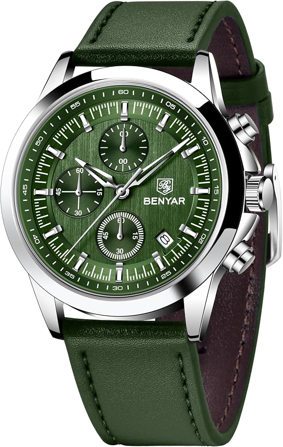 BENYAR Men's Watch Analog Quartz Chronograph Waterproof Men Fashion Business Casual Sport Dress Watch with Calendar Stainless Steel Leather Strap Elegant Gift, green