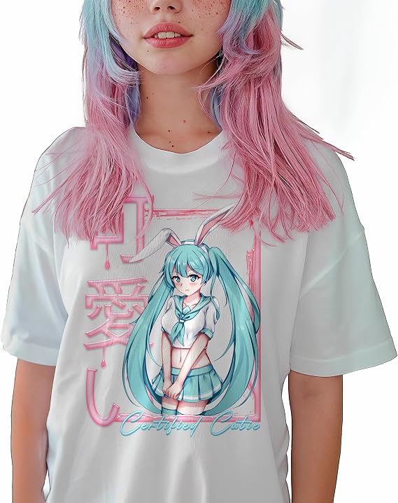 Japanese Anime Neko Bunny Girl White Oversized Graphic T-Shirt