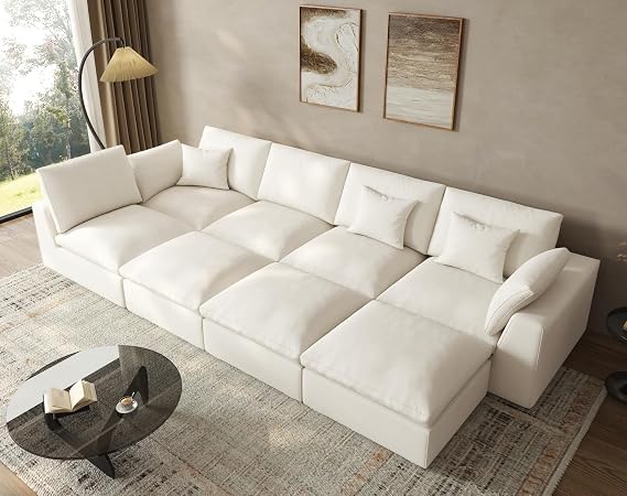 168" Modular Sectional Sofa,8-Piece Boneless Couch Deep Seat Cloud Couch with Ottoman, Removable Covers, Soft Cushion Support High Back for Living Room/Apartment/Family Lounge Linen Beige