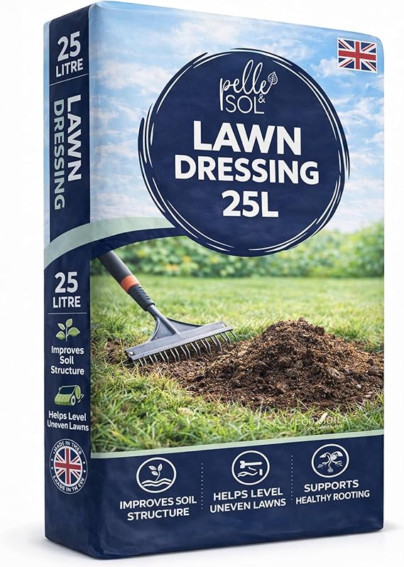 Pelle & Sol 25L Lawn Dressing Compost – Lawn Top Dressing Soil Sandy Loam – Lawn Levelling Soil, Overseeding & Lawn Repair – Top Soil for Grass Seeding, Lawn Sand & Soil Improver