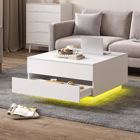 KEEPREAPER White LED Square Coffee Table with 2 Drawers, Flip-Top Design