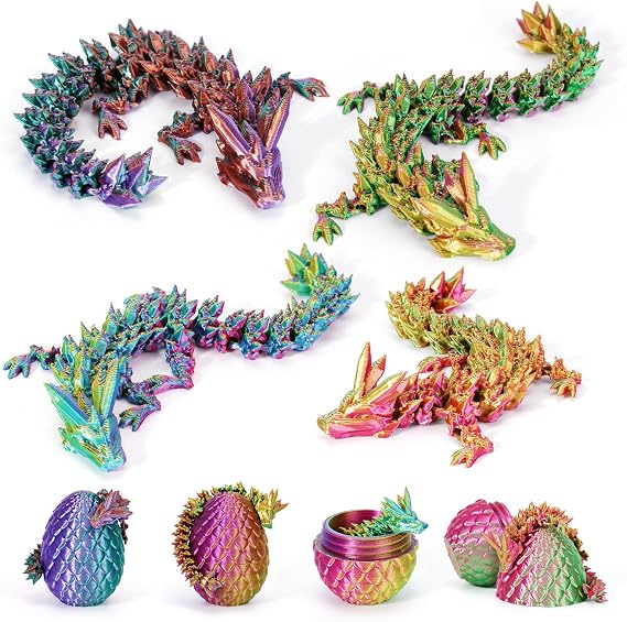 4PCS 3D Printed Dragon Eggs with Dragon Inside Easter Eggs Mini Dragon Egg Set Articulated Dragon Mystery Dragon Egg Fidget Toy Easter Basket Stuffers Surprise 3D Printed Animals Toy Set (4PCS-Y)