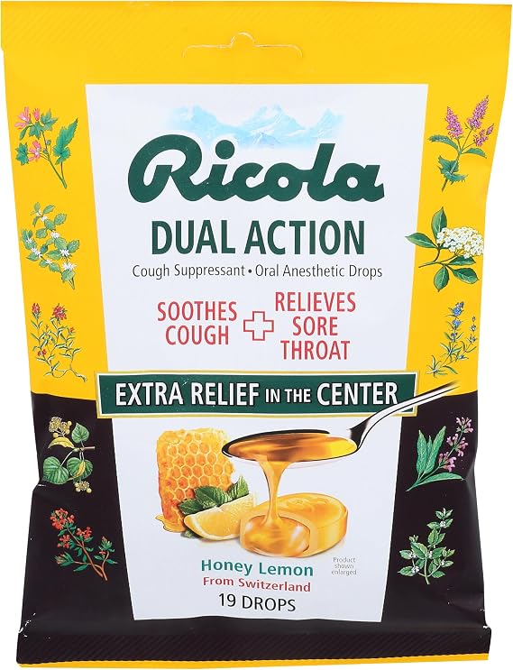 Ricola Dual Action Honey Lemon Cough Drops, 19 Count