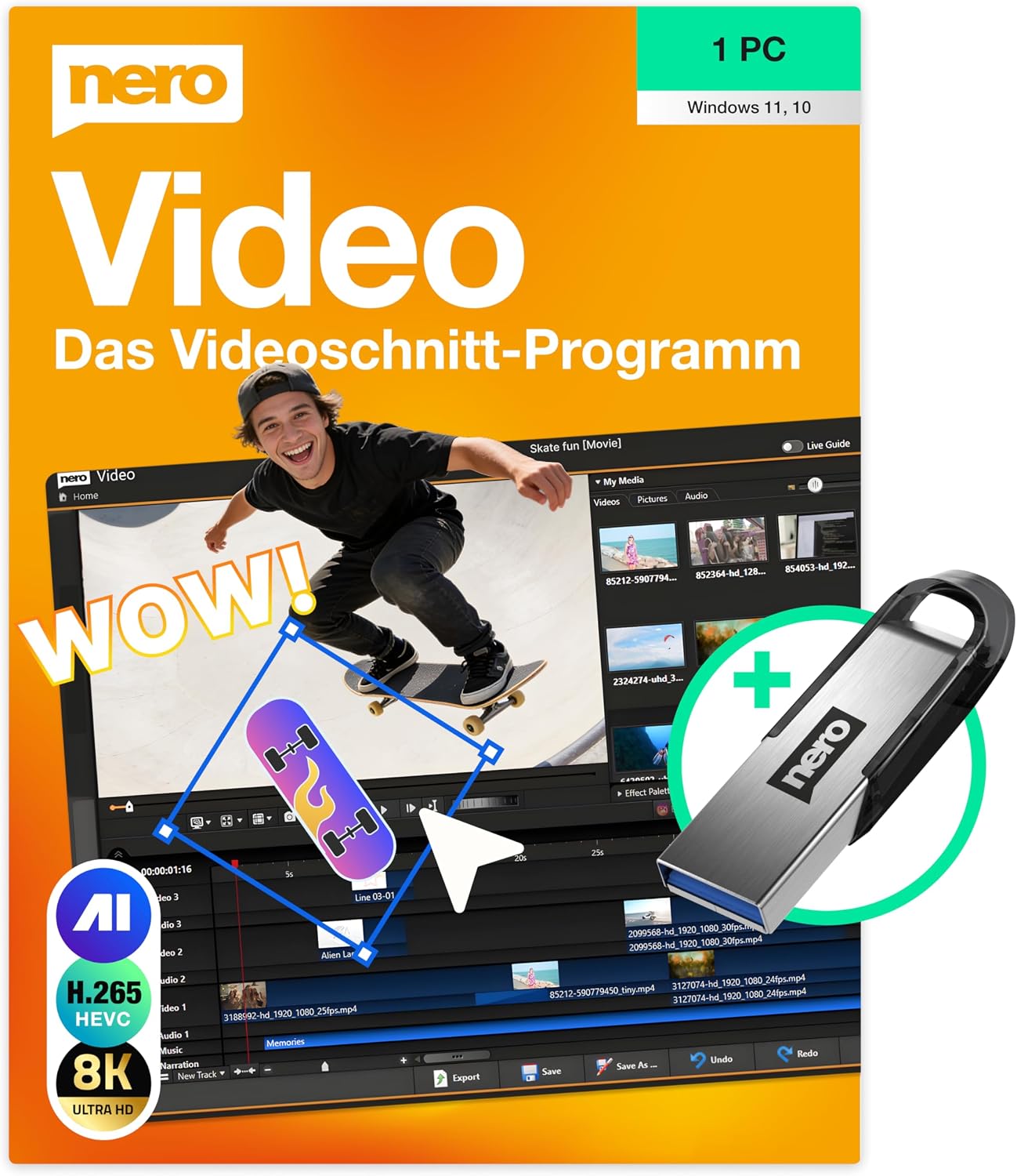 Nero Video 2026 auf USB-Stick Videos & Diashows schneiden erstellen Multi-Track Schnitt Effekte & Vorlagen 4K/8K HEVC Streamen & Abspielen unlimitierte Lizenz 1 PC Windows 11/10/8/7