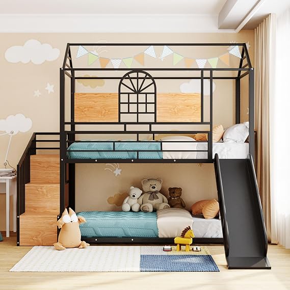 Harper & Bright Designs Metal Twin Over Twin Bunk Beds with Slide, House Bunk Bed with Storage Stairs, Kids Bunk Beds with Roof and Guardrails for Girls Boys Teens, Black +Black Slide