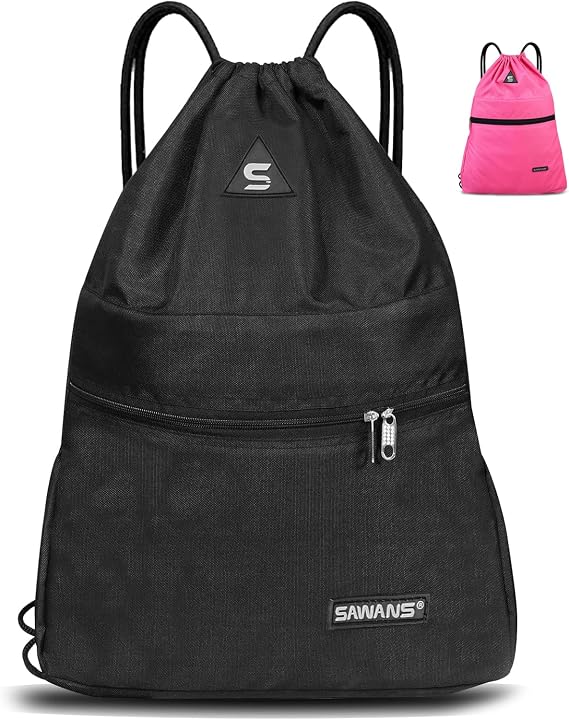 Drawstring Gym Sport Bag String Waterproof Pocket Zipper Sack Backpack for Women Men Travel Kit Bag for Hiking School Students PE Bag Outside Swimming Adult Beach Holidays (Black)