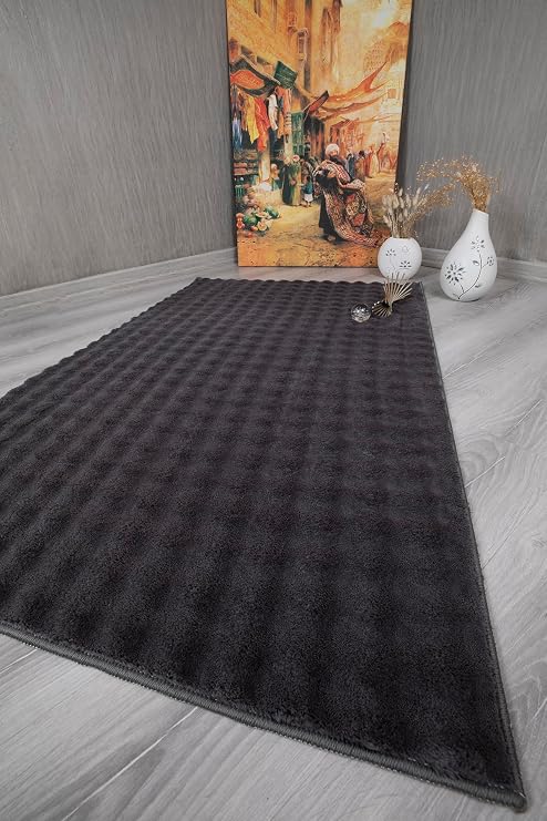 my evilla Dekoratif Bubble Uzun Tüylü Yumuşak Puffy Peluş Kaymaz Yıkanabilir Salon Koridor Halı Yolluk Antrasit 200 x 290