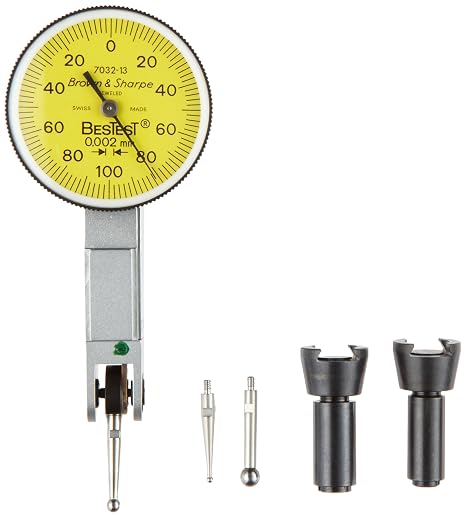 TESA Brown & Sharpe 599-7031-14 Top Mounted Dial Test Indicator Set, White Dial, M1.4 x 0.3 Thread, 0-0.4-0 Reading, 38mm Dial Diameter, 0mm-0.8mm Range, 0.01mm Graduation, +/-0.01mm Accuracy