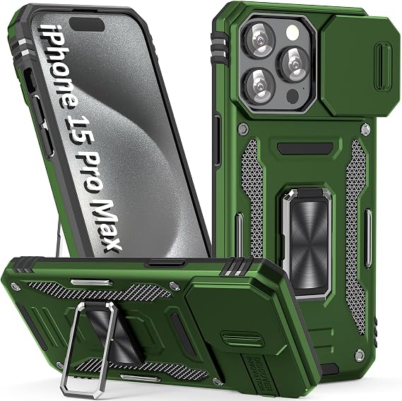 iPhone 15 Pro Max用ケース カメラカバー付き キックスタンドリングホルダー付き マグネット式 カーマウント機能付き iPhone15 Pro Max用 オリーブグリーン