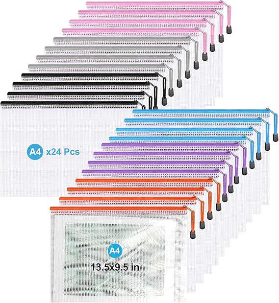 Zip Wallet,Waterproof Plastic Zip File Folders,24Pcs Zipper Bags,A4 Document Pouch for Home School Travel and Office Supplies