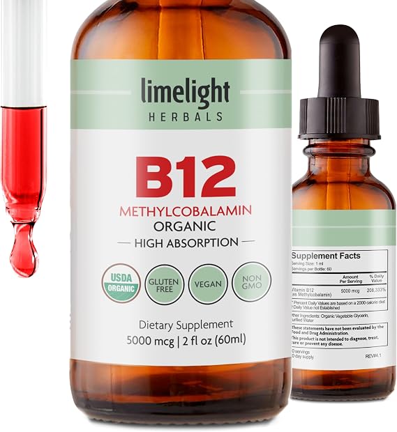 LIMELIGHT HERBALS Organic B12 Liquid Drops | 5000 mcg Methylcobalamin | Fast-Absorbing Liquid B12. Made in USA with Certified Organic Ingredients. Vegan, No Artificial Colors/Flavors. 60 servings.