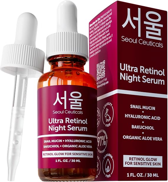 SeoulCeuticals 1% Retinol Snail Mucin Night Serum for Face Korean Skin Care | 97.5% Snail Mucin, Cruelty Free, Anti Aging Facial Skin Booster, K Beauty Skincare for All Skin Types & Sensitive Skin