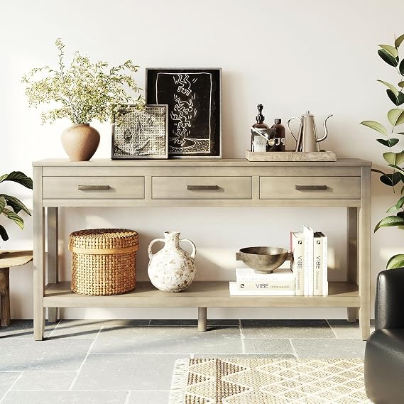 59 Modern Entryway Console Table with Storage, Easy Assembly, Gray