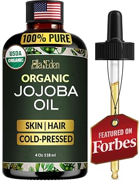 Ella & Eden Organic Jojoba Oil USDA Certified, Cold-Pressed, 100% Pure & Unrefined, Hexane-Free Oil for Skin, Face, Hair & Nails 4 Fl Oz Glass Bottle