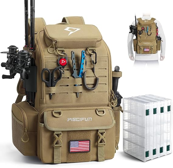 Piscifun 52L Fishing Tackle Backpack, 17 Pockets, Rod Holders & 4 Boxes