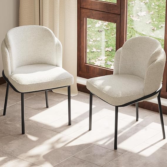Modern Dining Chairs Set of 2 Upholstered Accent Chair with Curved Backrest Ergonomic Soft Cushion Metal Legs Kitchen Dining Room Living Room Bedroom Vanity Side Chairs Cream