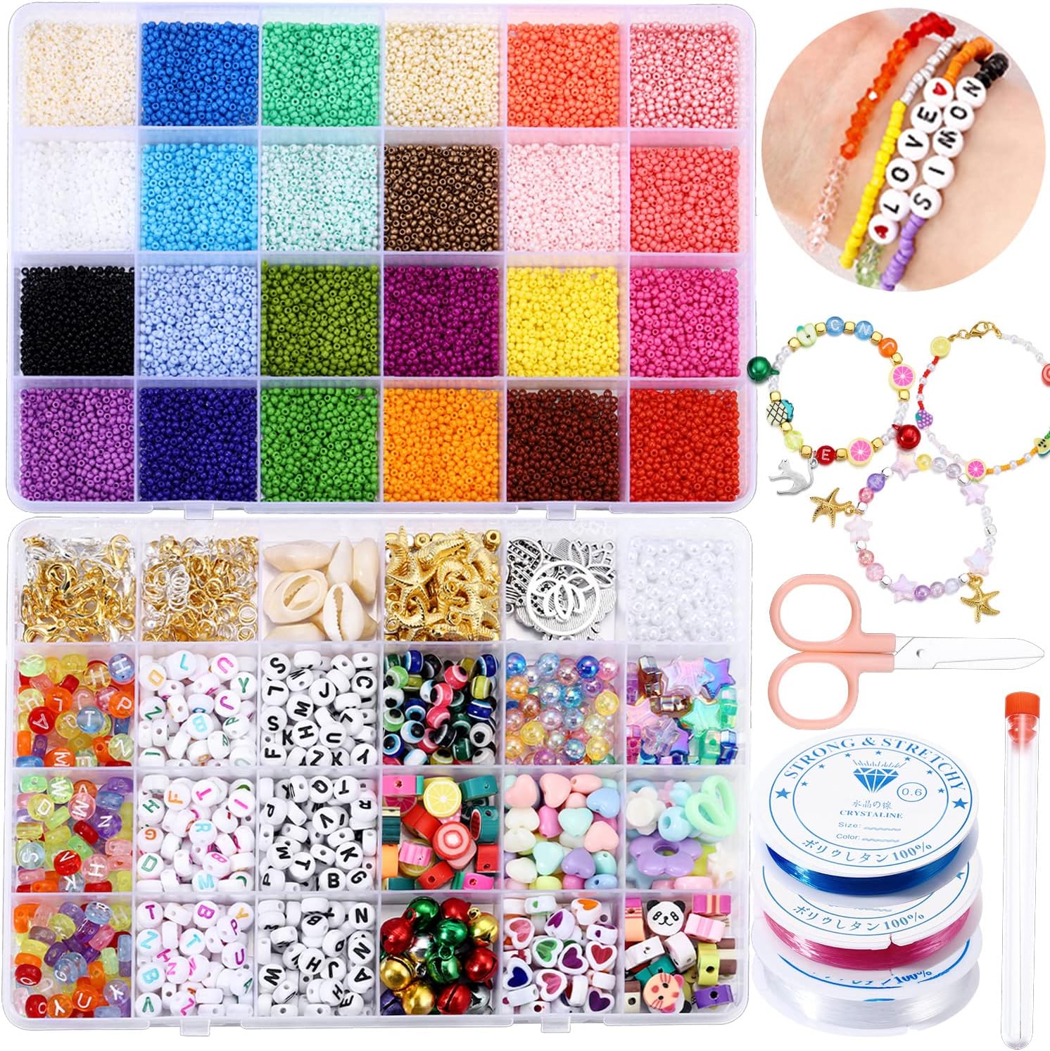 14400Pcs 2mm Glass Seed Beads with Assorted Cute Beads for Bracelets Making, Small Pony Beads Bracelet Making Kit 120 Glass Beads Set with Letter Beads Bulk for DIY Craft Making Supplies 01