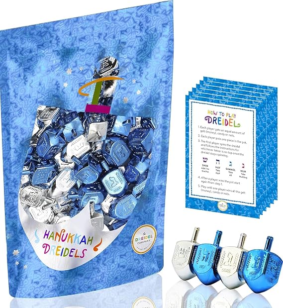 The Dreidel Company 50-Pack Hanukkah Plastic Silver & Blue Metallic Dreidels with English Translation, Spinning Tops Includes Dreidel Game Instruction Card