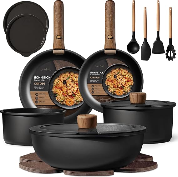 CAROTE Pots and Pans Set,Nonstick Cookware Sets Detachable Handle,Induction Kitchen Cookware Set Non Stick with Removable Handle, RV Cookware Set, Oven Safe, Cream White