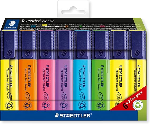 STAEDTLER 364 A C8 Textsurfer Classic Highlighter - Assorted Colours (Card Pack of 6+2 FREE)