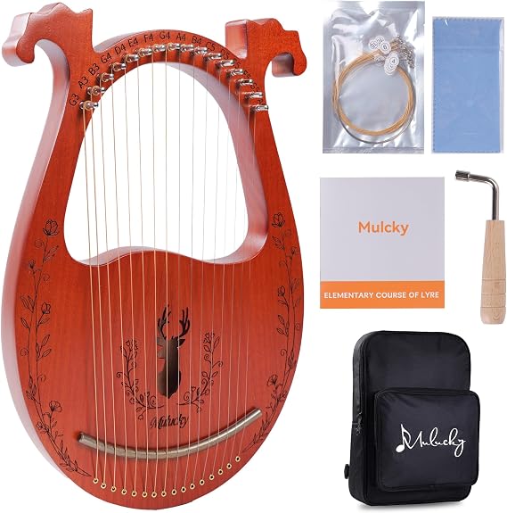 Mulucky Lyre Harp, 16 Metal Strings, Mahogany Body, Copper Saddle, Mini Musical Instrument with Tuning Wrench and Bag for Beginners