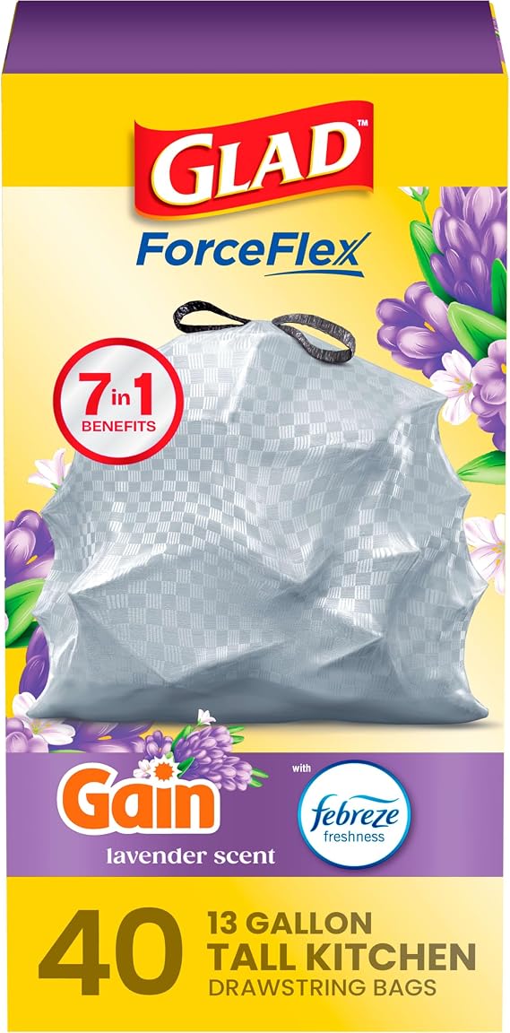 Glad ForceFlex Tall Kitchen Trash Bags, 13 Gallon, Gain Lavender, 40 Count (Package May Vary)